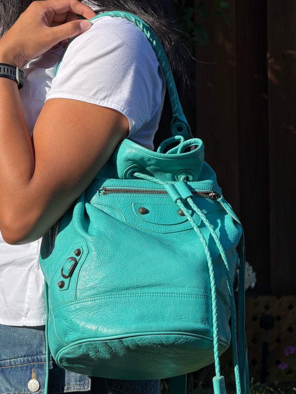 Balenciaga Turquoise Leather Drawstring Shoulder Bag
